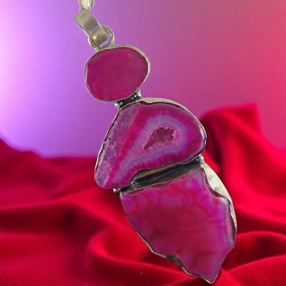 Pink Agate Geode Pendant Sterling Silver 2.75" Triple Druzy Statement - Picture 1 of 10